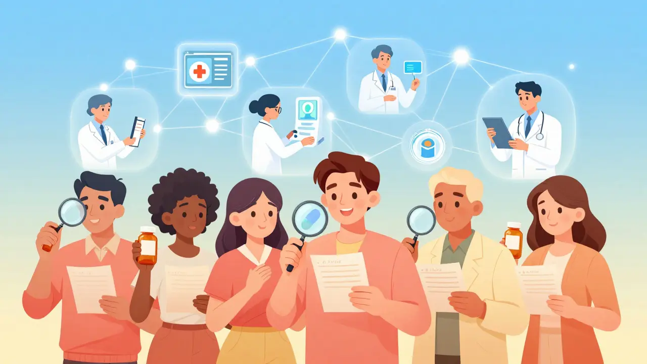 Patients inspect handwritten prescriptions as digital tools correct errors above them.