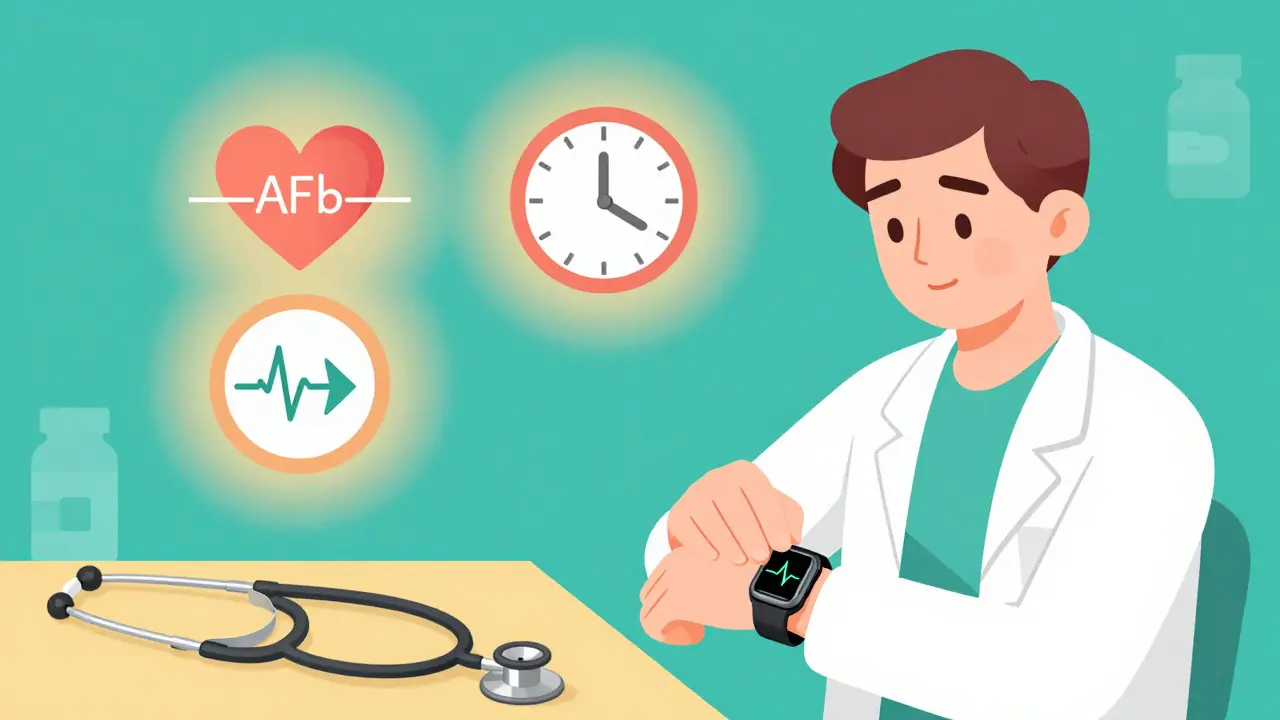 Person checking pulse on smartwatch with floating symbols of AFib, bradycardia, and tachycardia, and a pill bottle nearby.