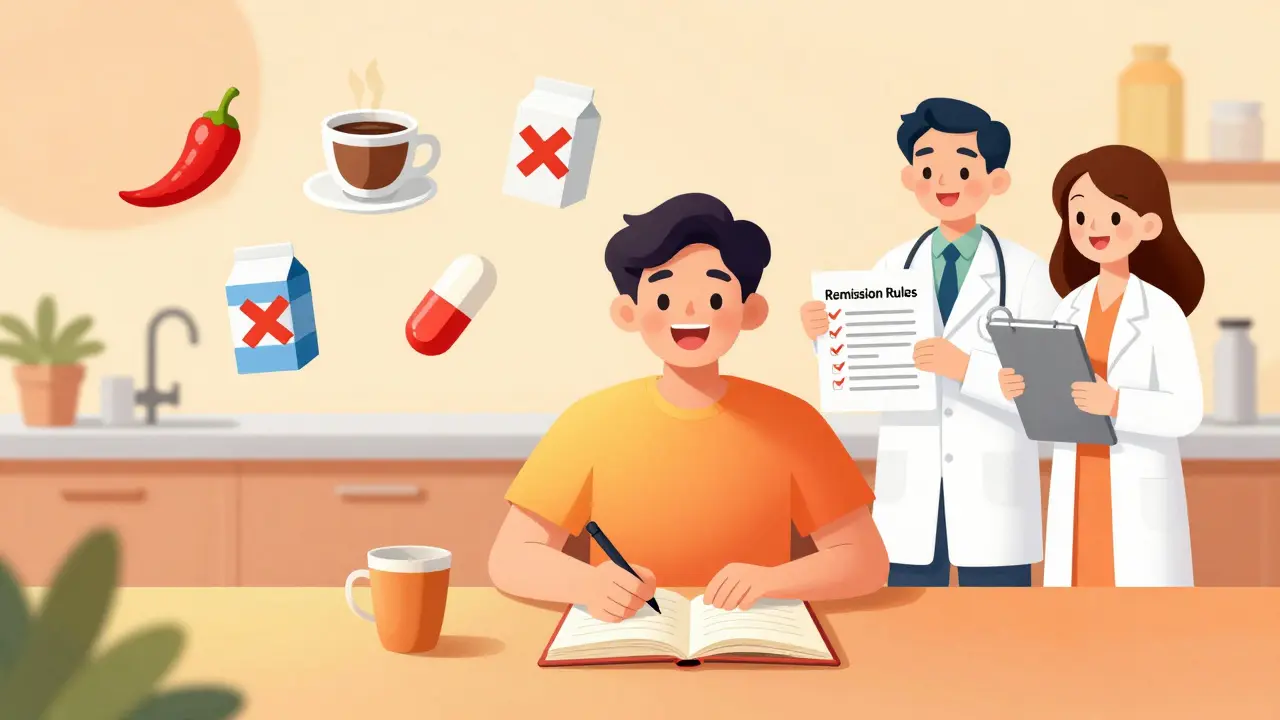 Person keeping a food journal with trigger foods marked by Xs, supported by friendly cartoon doctor and dietitian.