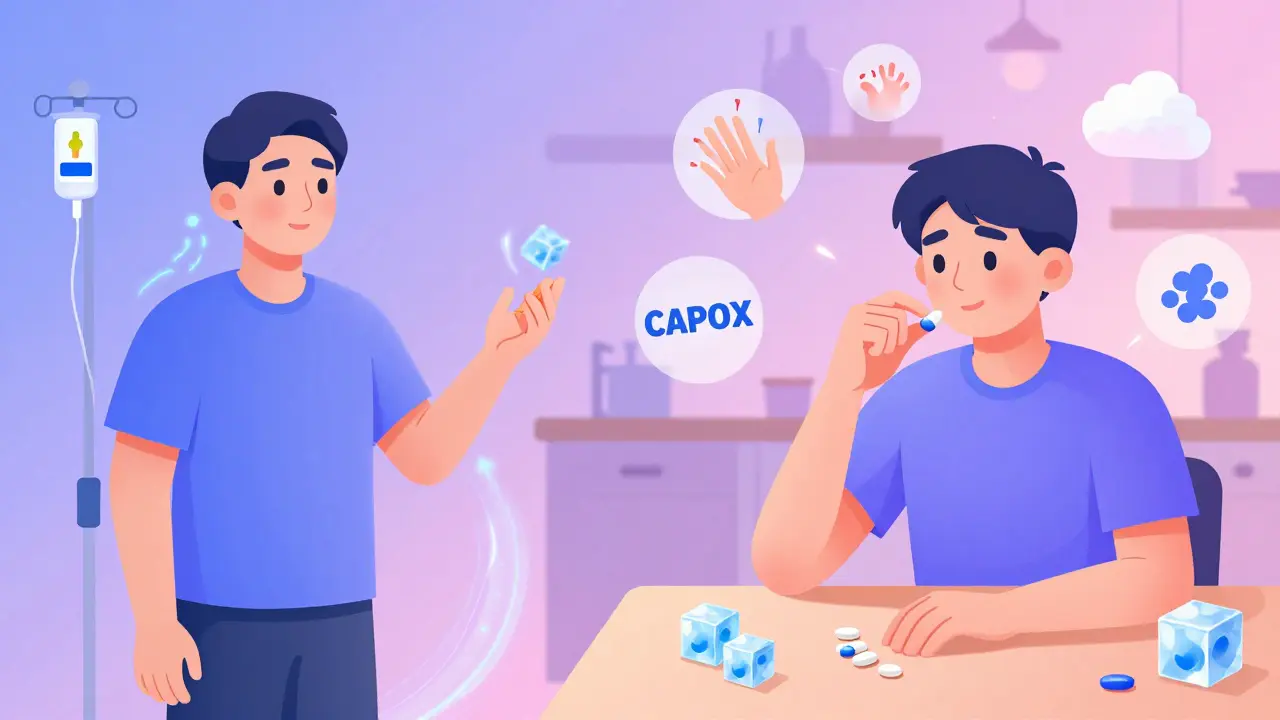 Person receiving chemotherapy via IV and taking oral pills, with floating icons representing side effects like tingling and cold sensitivity.