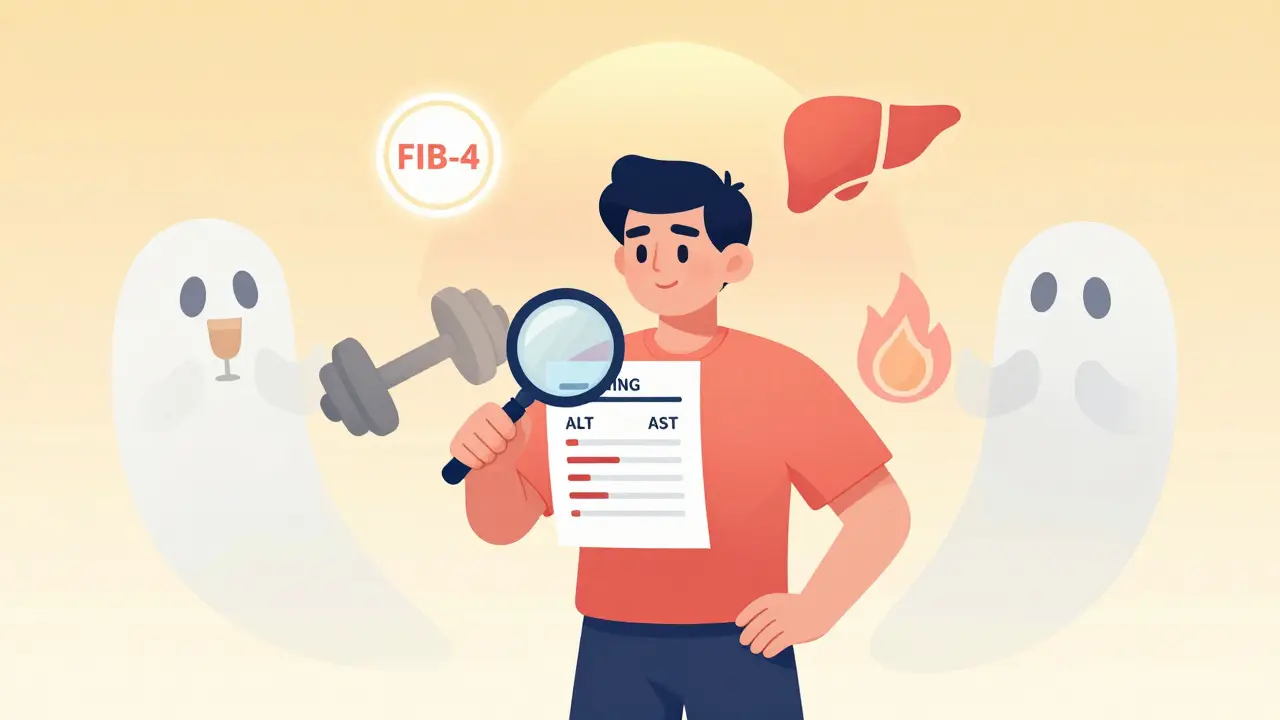 Person reviewing blood test results with fading misinterpretation icons and liver regeneration symbol