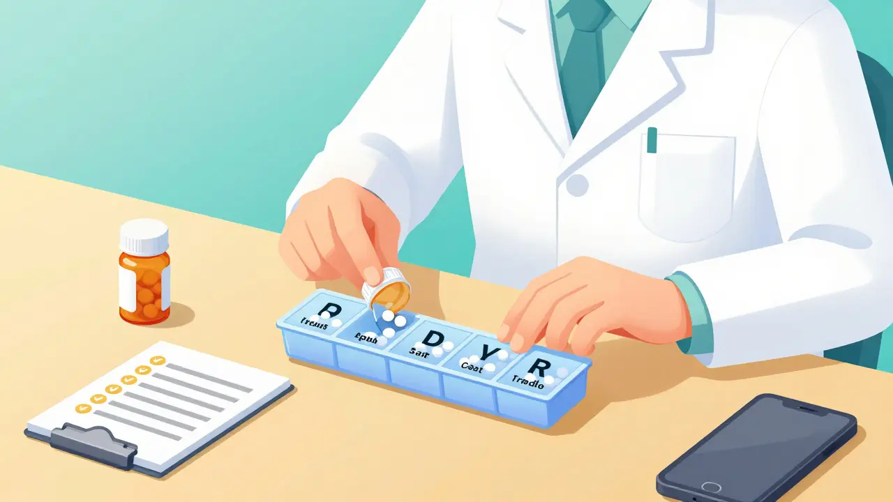 Pharmacist carefully filling a labeled multi-compartment pill organizer with pills from original bottles.