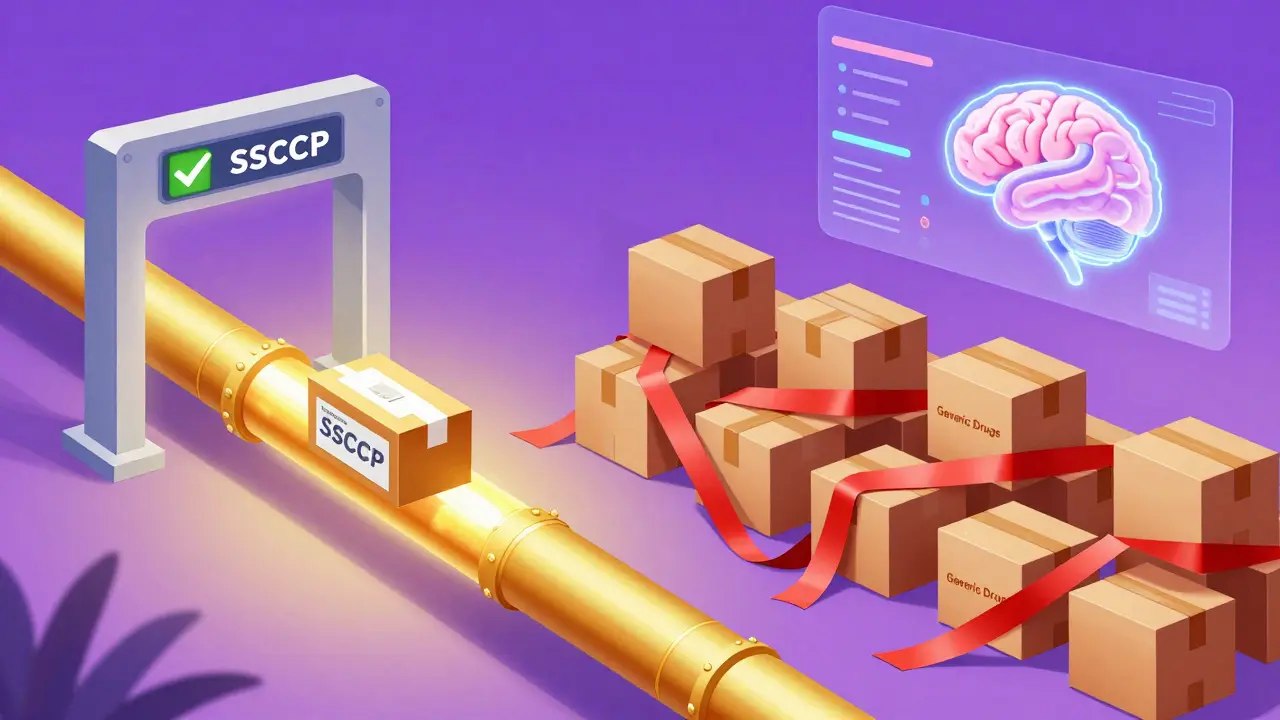Split scene: fast-tracked drug shipment vs. delayed generic drugs in a gradient-colored system