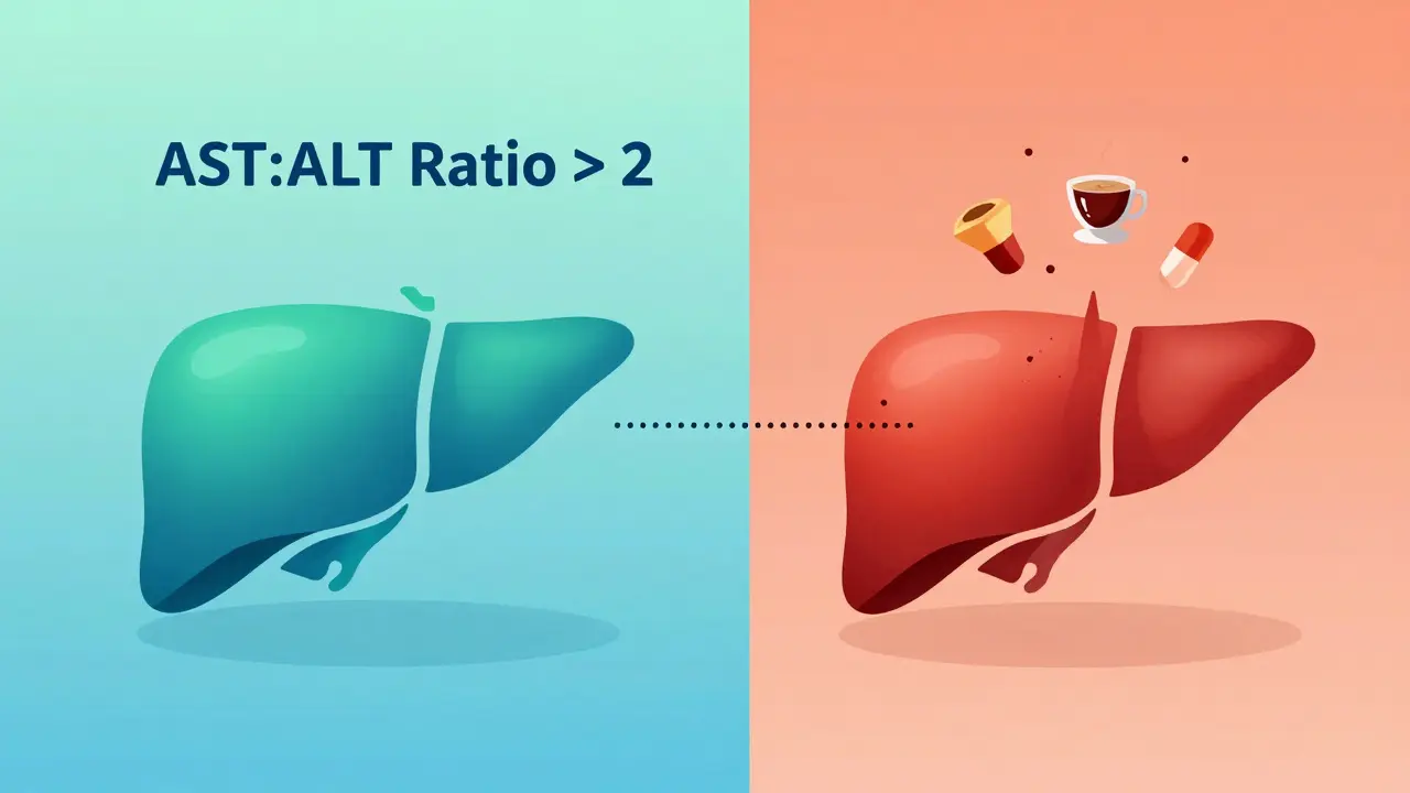 Split scene: healthy liver vs inflamed liver with lifestyle factors and AST:ALT ratio indicator