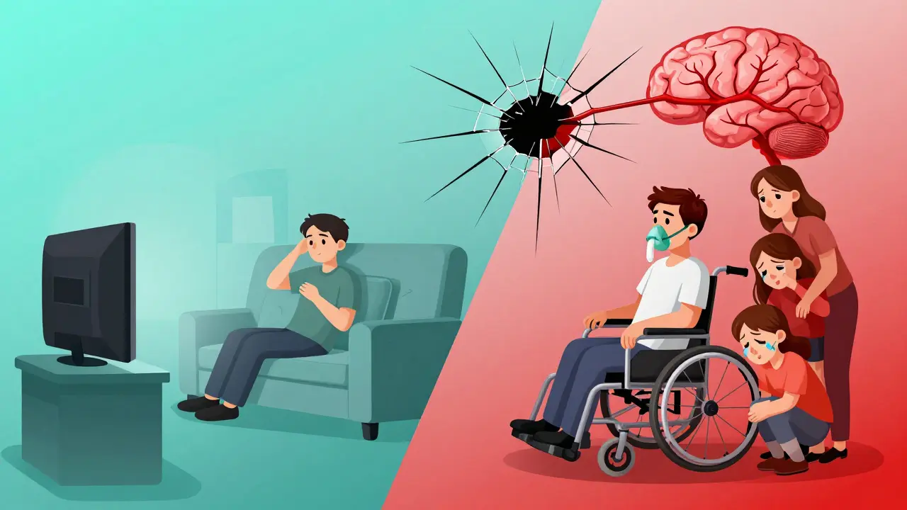Split scene: ignoring symptoms vs. stroke aftermath with cracked windshield metaphor