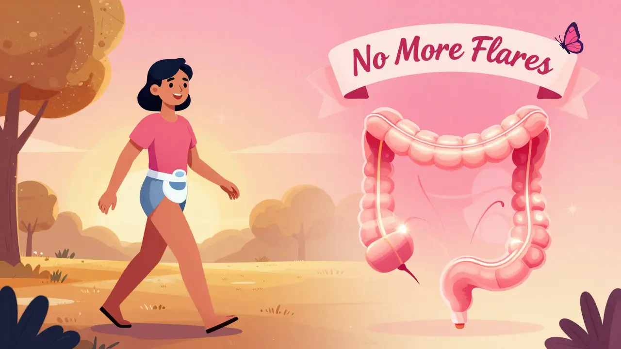 Split scene: person with stoma walks happily in park, same person smiles after colonoscopy with healed colon in background.