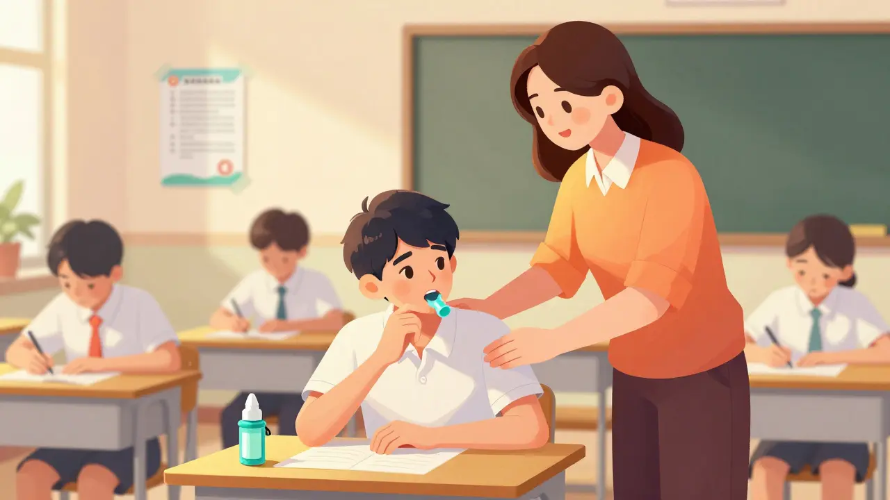 Teacher helping teen use asthma spacer in classroom