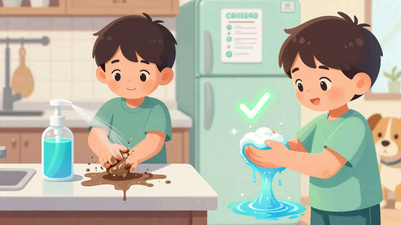 A child washing hands properly with soap versus ineffective sanitizer on greasy hands, with a pet nearby.