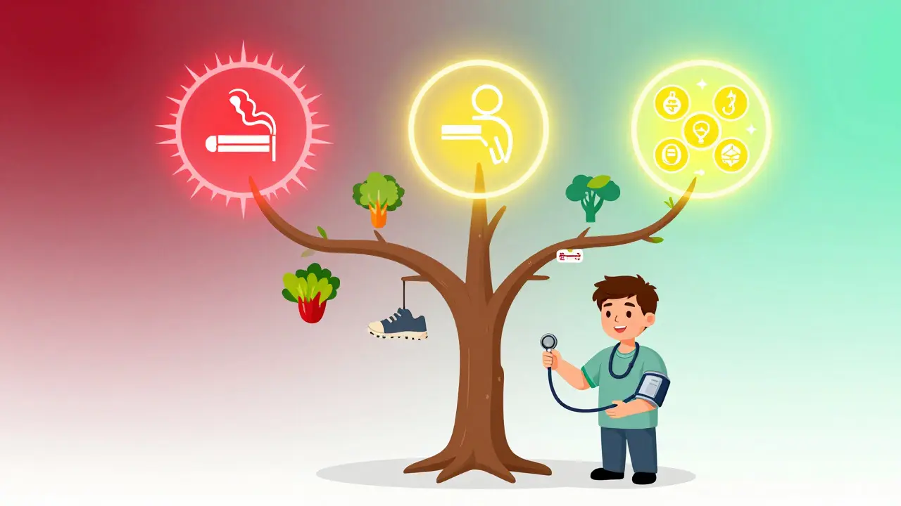 A family tree with genetic risk factors glowing red and yellow, blocked by healthy lifestyle choices like vegetables and exercise.