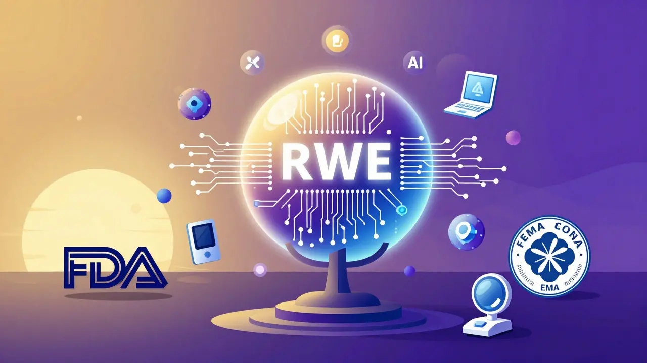 A merged registry and claims system forming a glowing RWE orb, with AI and wearables, in gradient sunset tones.