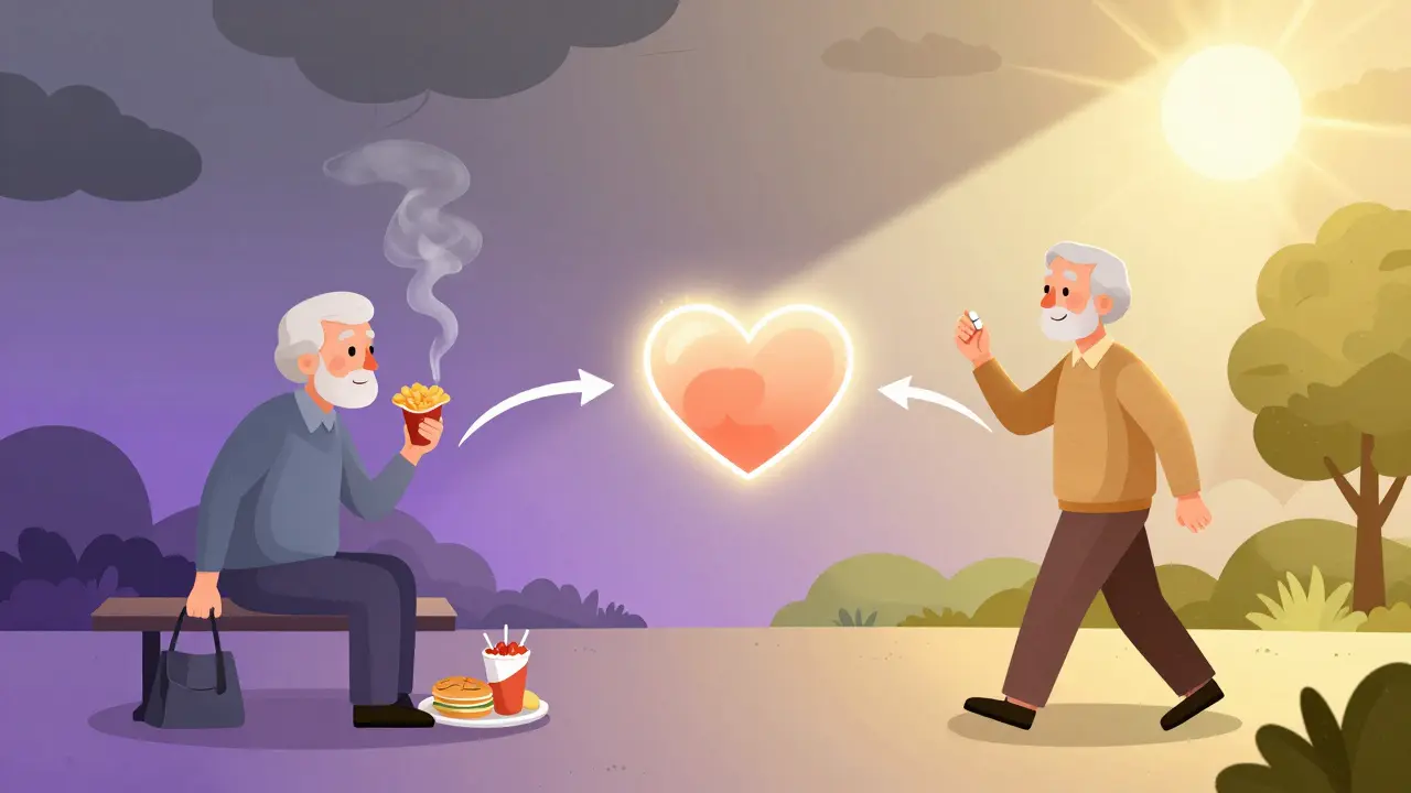 A person transforming from unhealthy habits to a heart-healthy lifestyle, with a glowing heart symbolizing change over time.