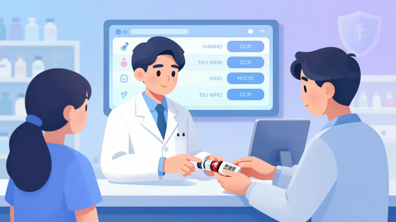 A pharmacist helping a patient scan a QR code on an insulin vial, with digital alerts visible on a screen.