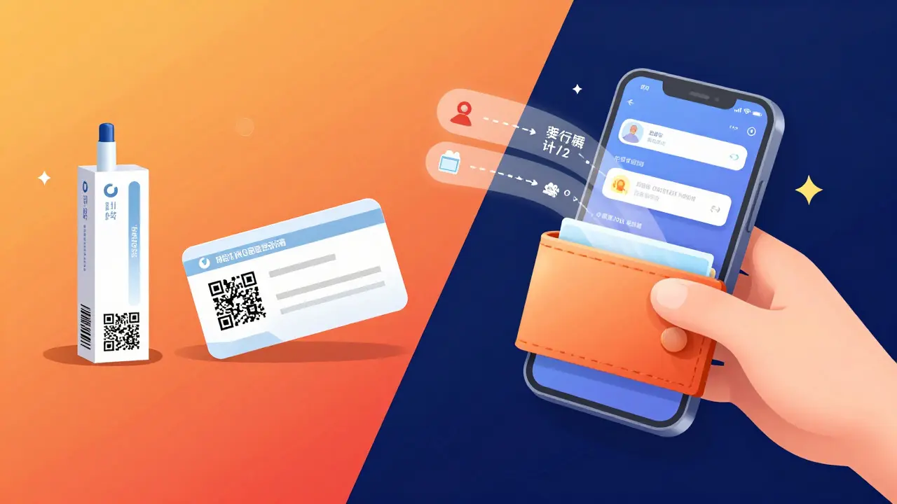 A QR code on an insulin box and a medication card in a wallet, both linking to digital safety instructions.