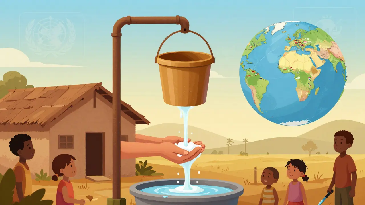 A rural household using a tippy tap handwashing station with a foot pedal, under a glowing sky with global icons.