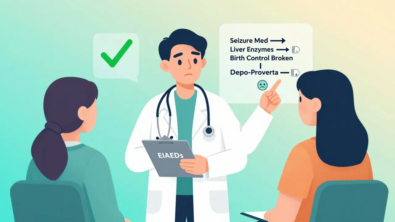 Doctor explaining seizure meds and birth control risks using visual flowchart