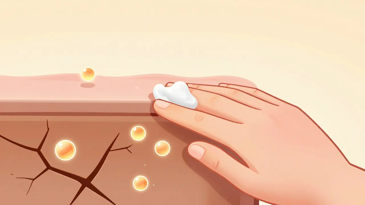 Hand applying ceramide moisturizer to repair skin barrier.