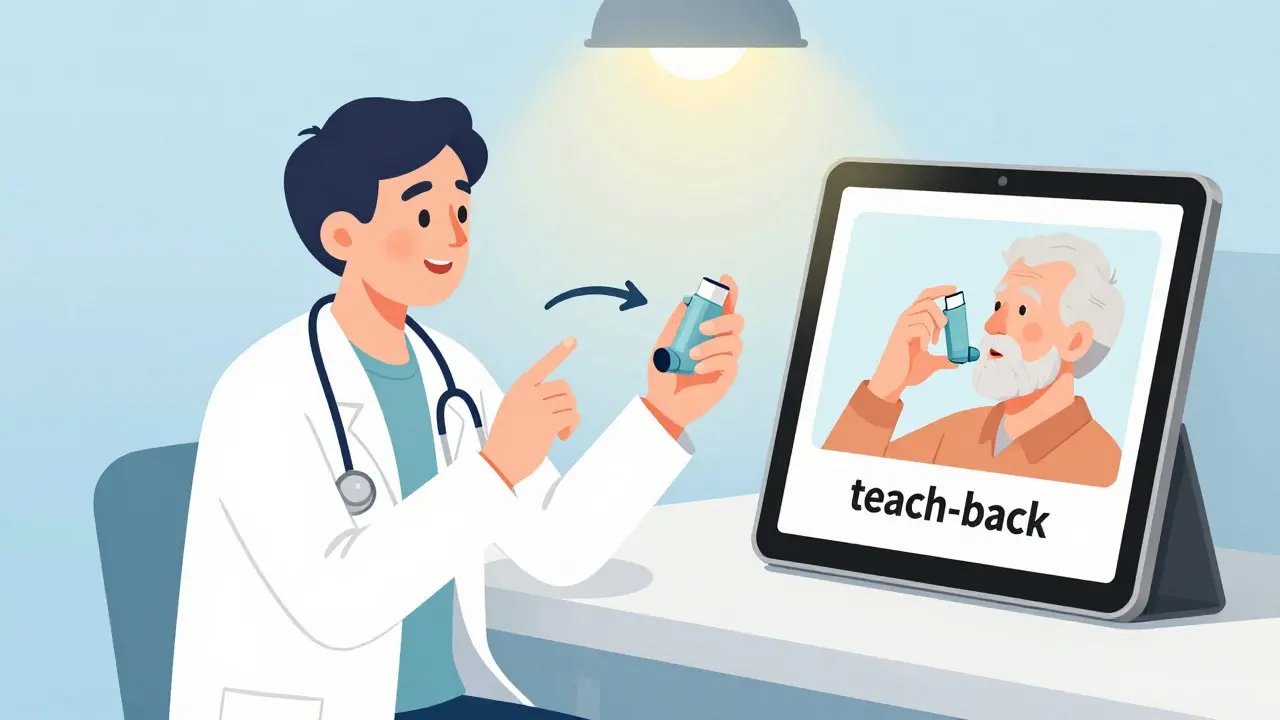 Healthcare provider and senior using teach-back method with illustrated inhaler steps and a video tablet.