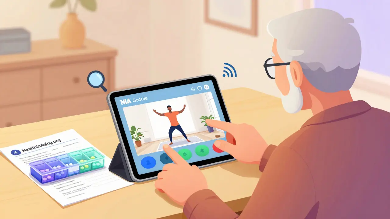 Older man using a tablet with large buttons to follow a voice-guided exercise video at home.