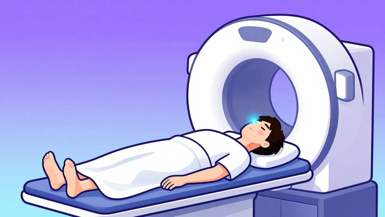 Patient undergoing sestamibi scan with glowing gland highlighted.