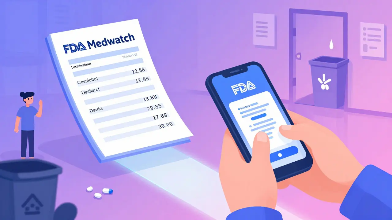 Person reporting side effects via FDA MedWatch app, medication logbook visible, safe disposal path illustrated.