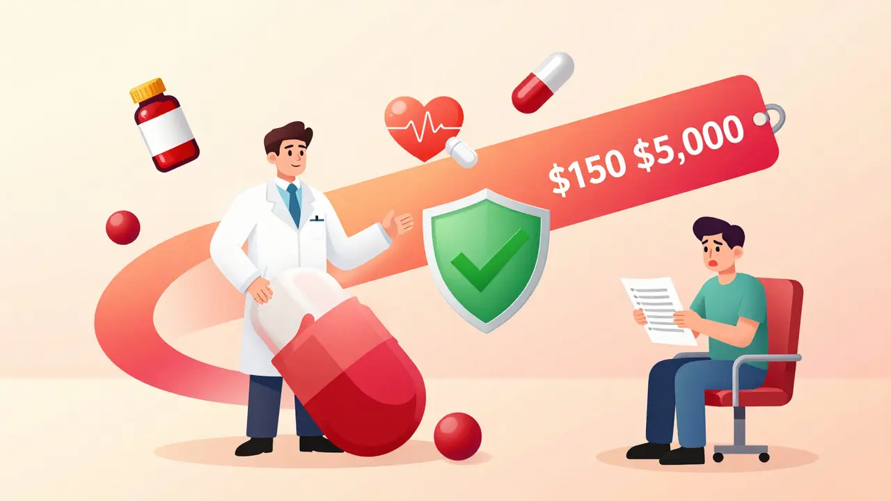Pharmacist comparing cheap and expensive antifungal pills with drug interaction symbols floating around.