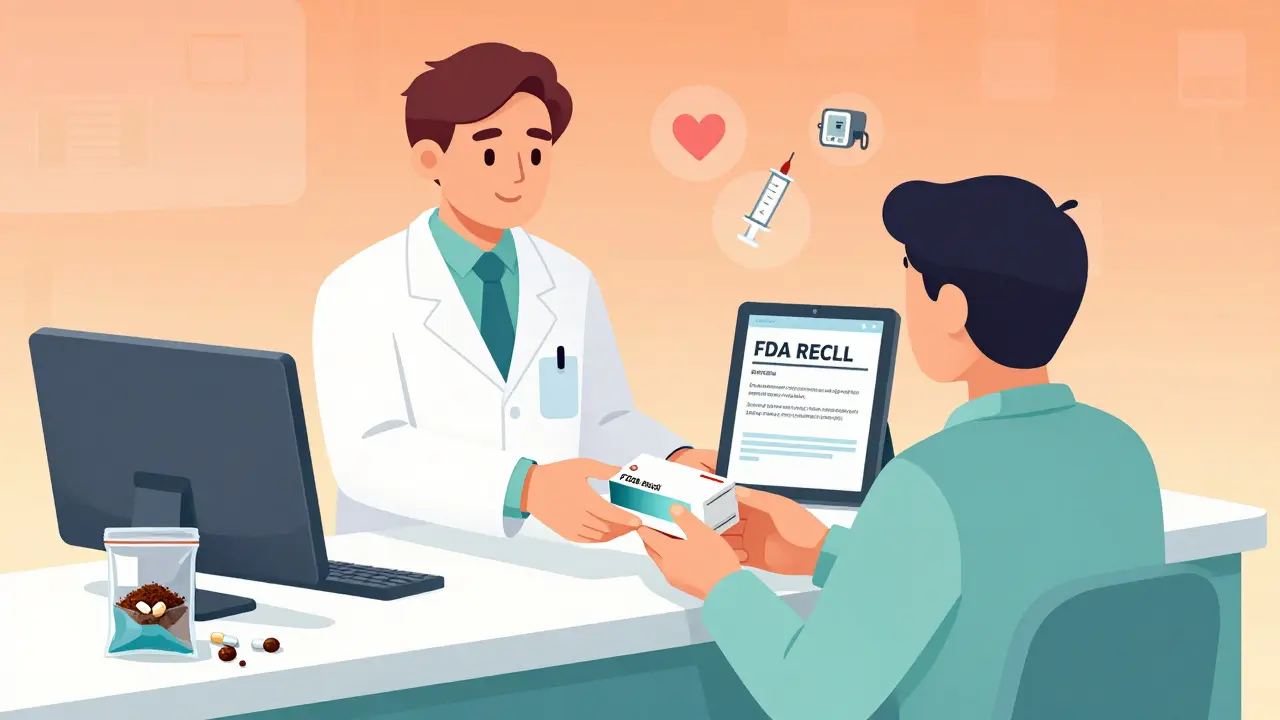 Pharmacist giving replacement medication to patient, FDA recall notice on tablet, safe disposal bin nearby.
