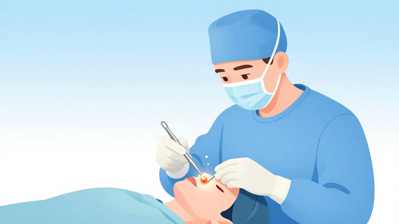 Surgeon removing overactive parathyroid gland during minimally invasive surgery.