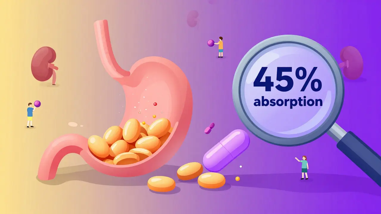 Two digoxin tablets dissolving at different rates inside a stomach, with absorption percentages visible.