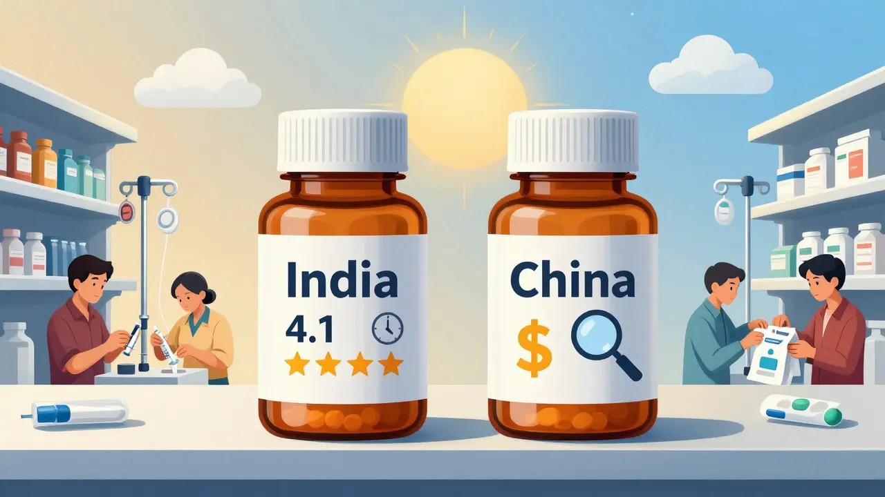 U.S. pharmacy shelf with India and China pill bottles, side-by-side, with symbols of cost, speed, and scrutiny, while Vietnam and Cambodia contribute medical supplies.