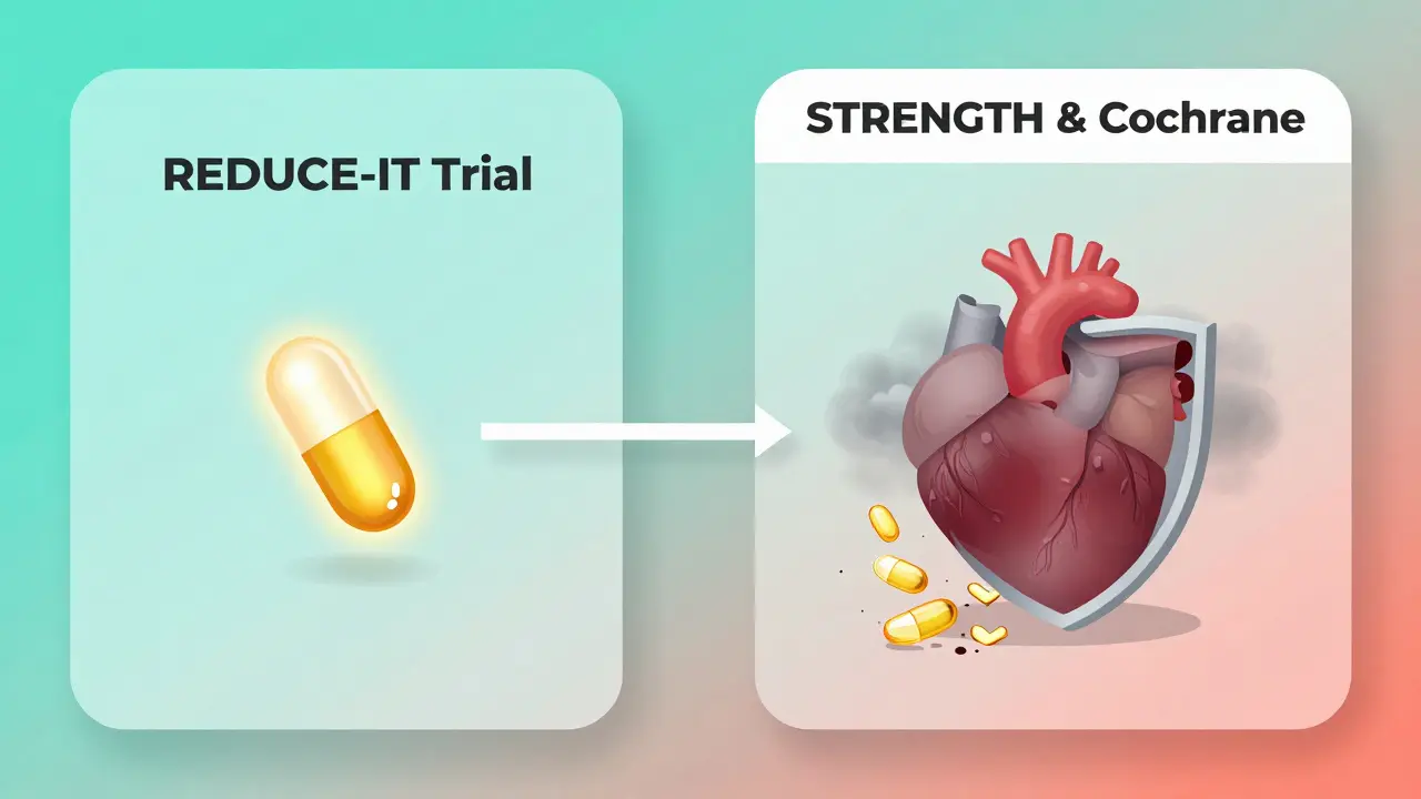 A medical chart comparing successful EPA-only treatment to ineffective EPA/DHA combo, with glowing and crumbling capsules.