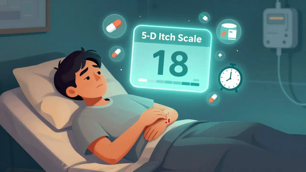 A patient at night scratching intensely while a high itch score glows above, with dialysis equipment faintly visible in the background.