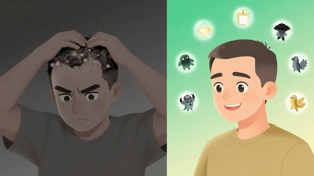 A person's scalp transforming from flaky and irritated to smooth and healthy with active ingredients hovering nearby.