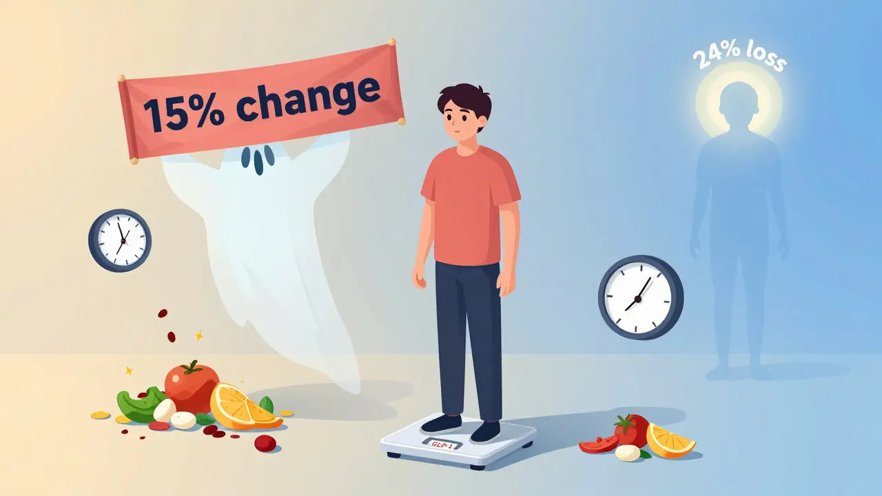 A person regaining weight after stopping GLP-1 medication, with a ghostly version of their leaner self fading away.