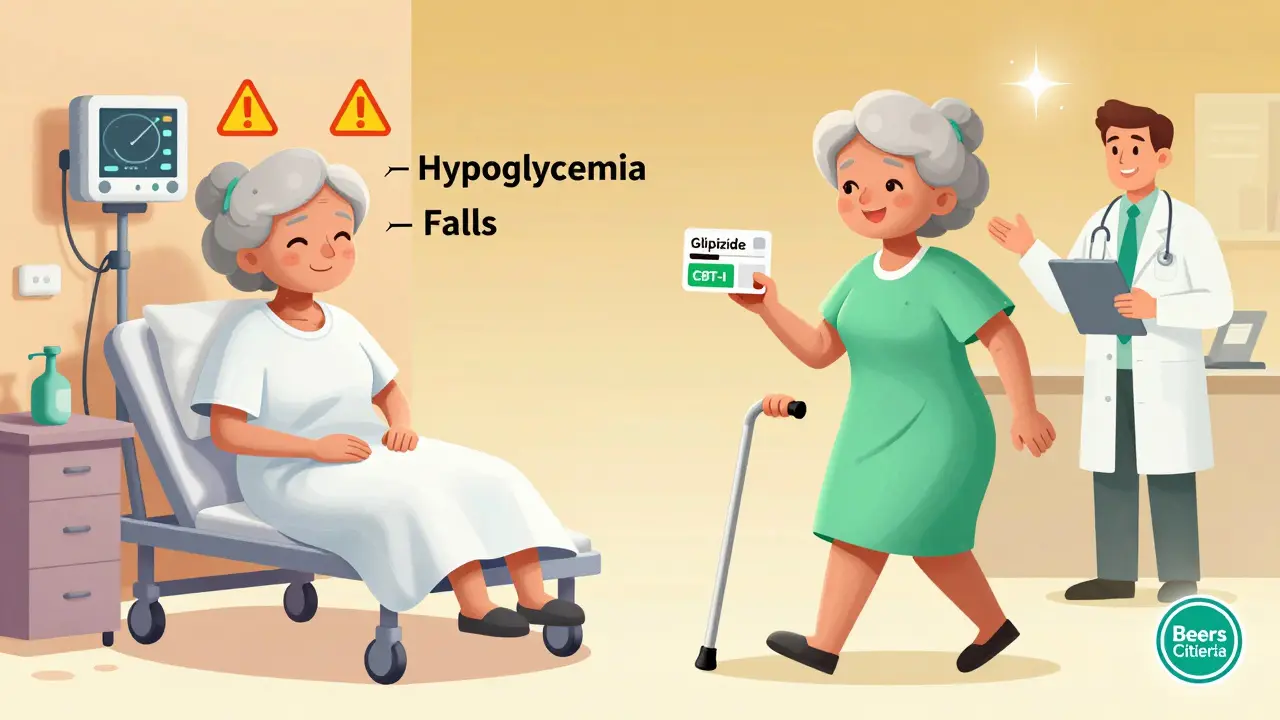 A senior woman in hospital on one side, thriving safely on medication alternatives on the other.