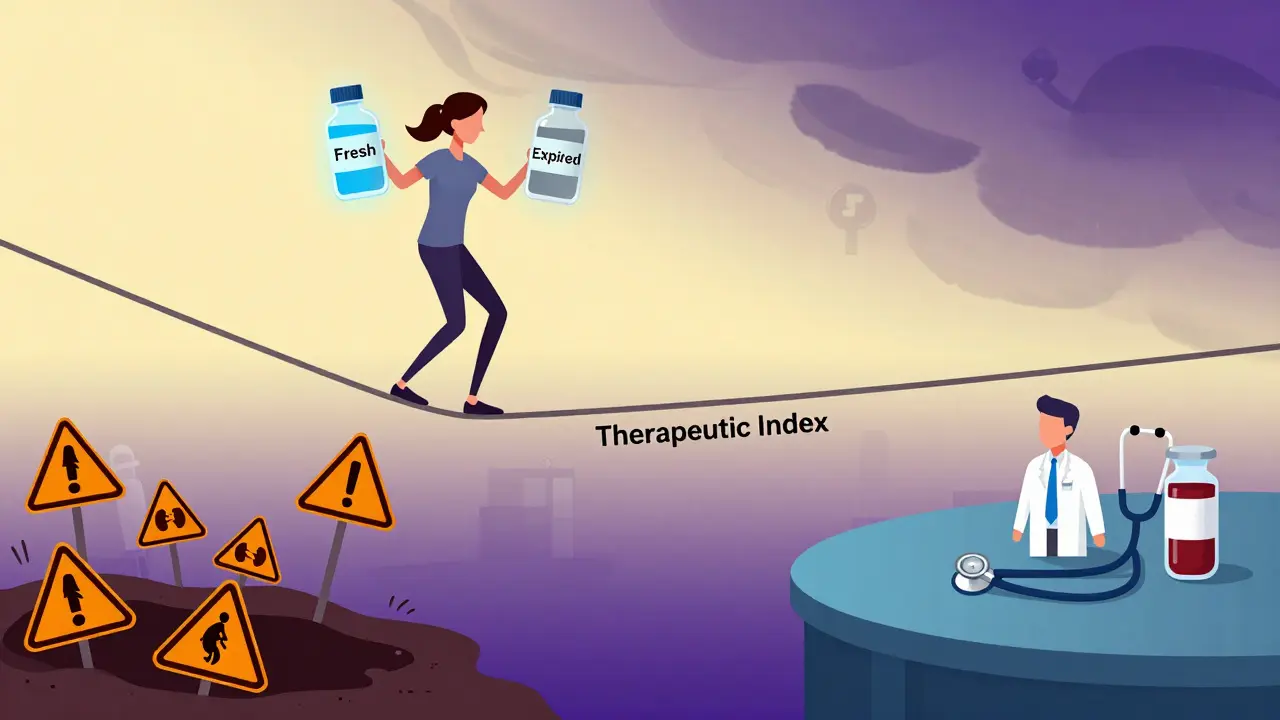 A tightrope walker balances between fresh and expired medication bottles, with life-threatening risks on one side and safety on the other.