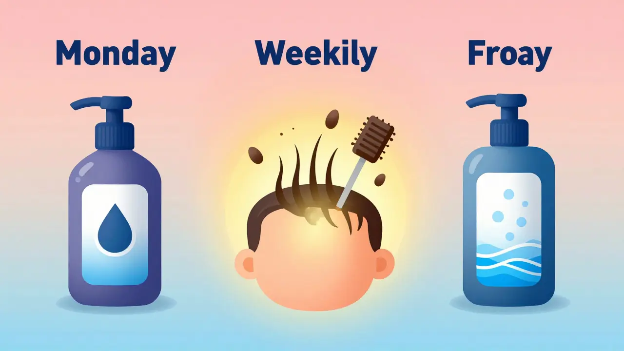 A weekly shampoo routine calendar showing three different medicated shampoos keeping a scalp healthy.