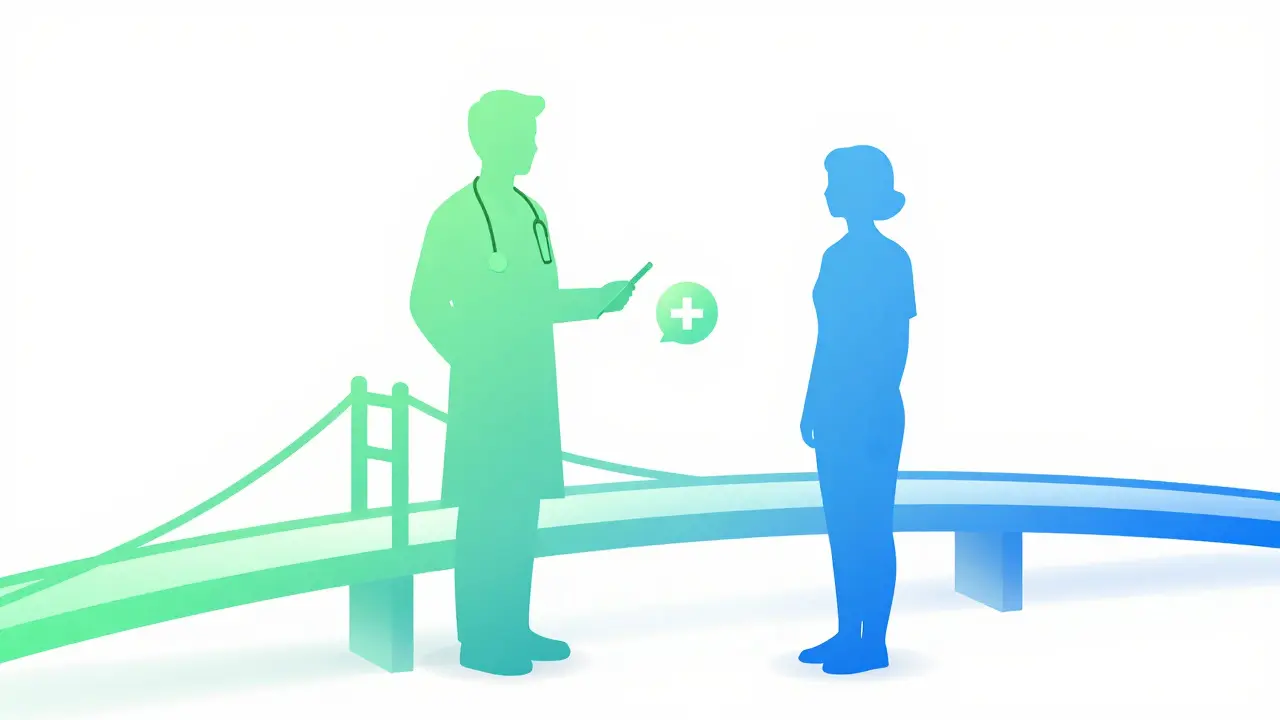 Abstract glowing bridge connecting two silhouettes representing care