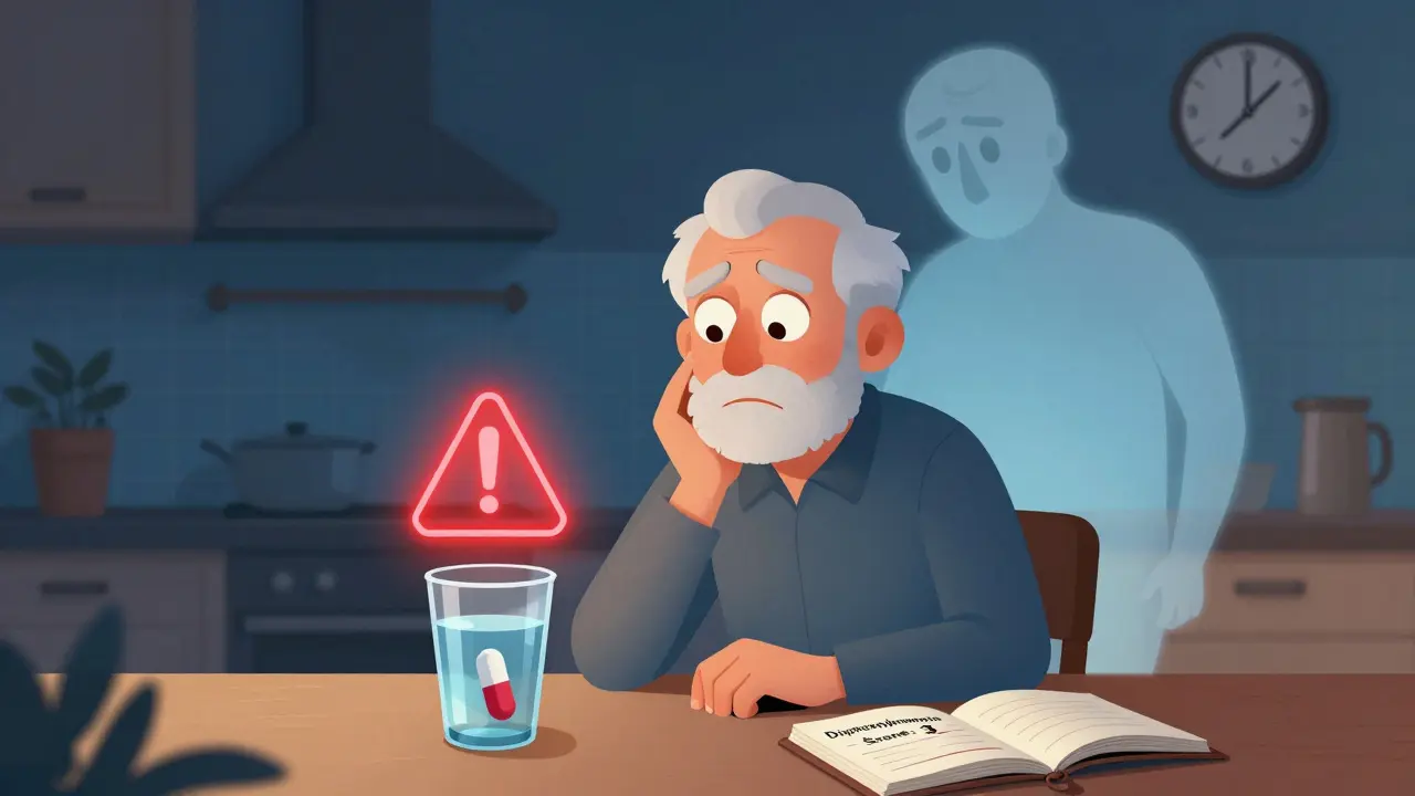 An older man confused by a pill labeled Diphenhydramine, with a ghostly fall figure looming behind him.