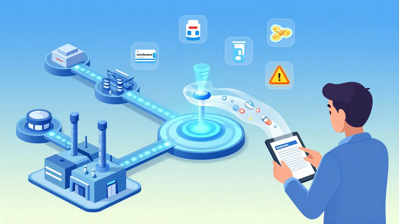 Blockchain linking drug factory to pharmacy as patient files a safety report, data flowing to FDA monitoring hub.