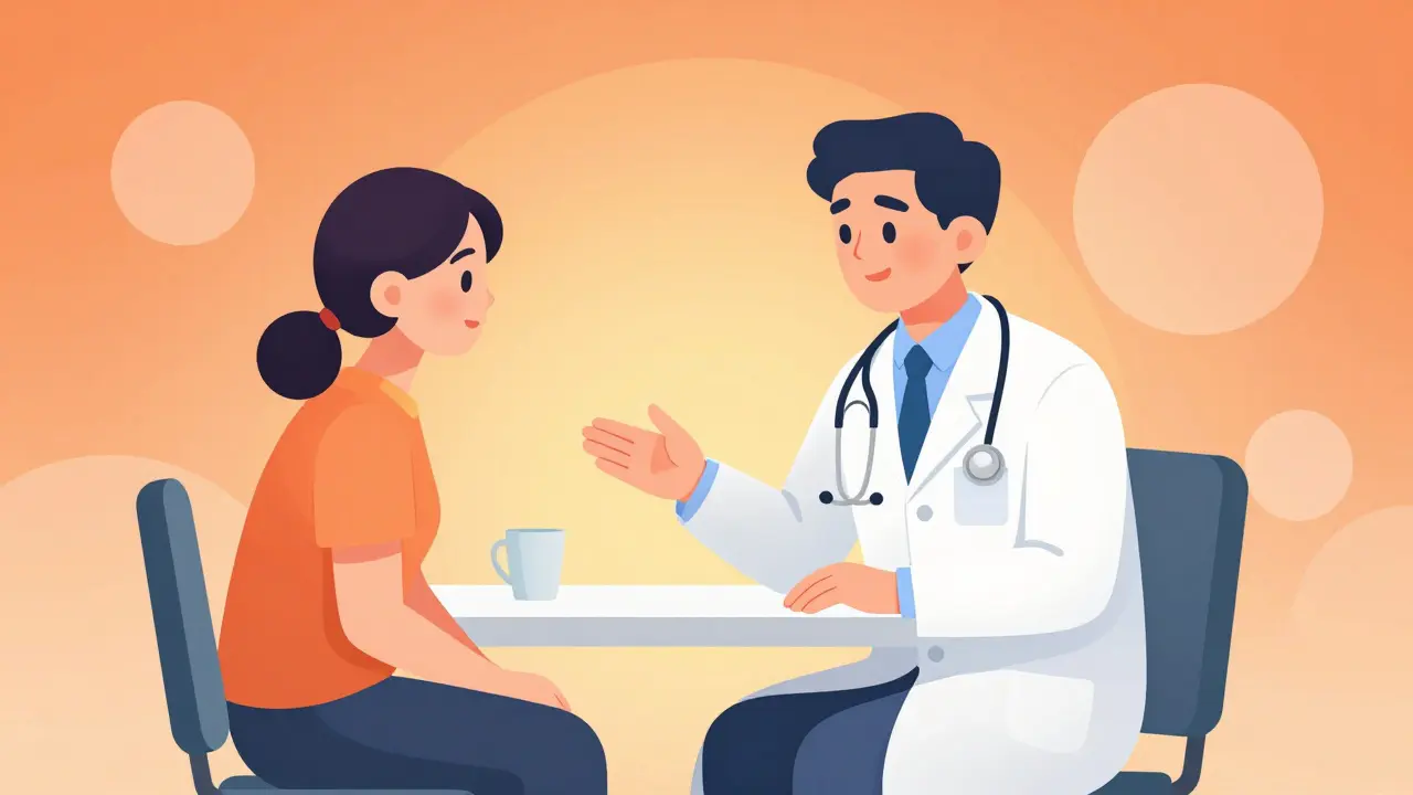 Doctor speaking calmly to a seated patient in a clinic office