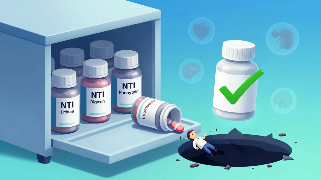 Expired NTI medication bottles tumble into darkness while a fresh, approved pill glows safely above in a medicine cabinet.