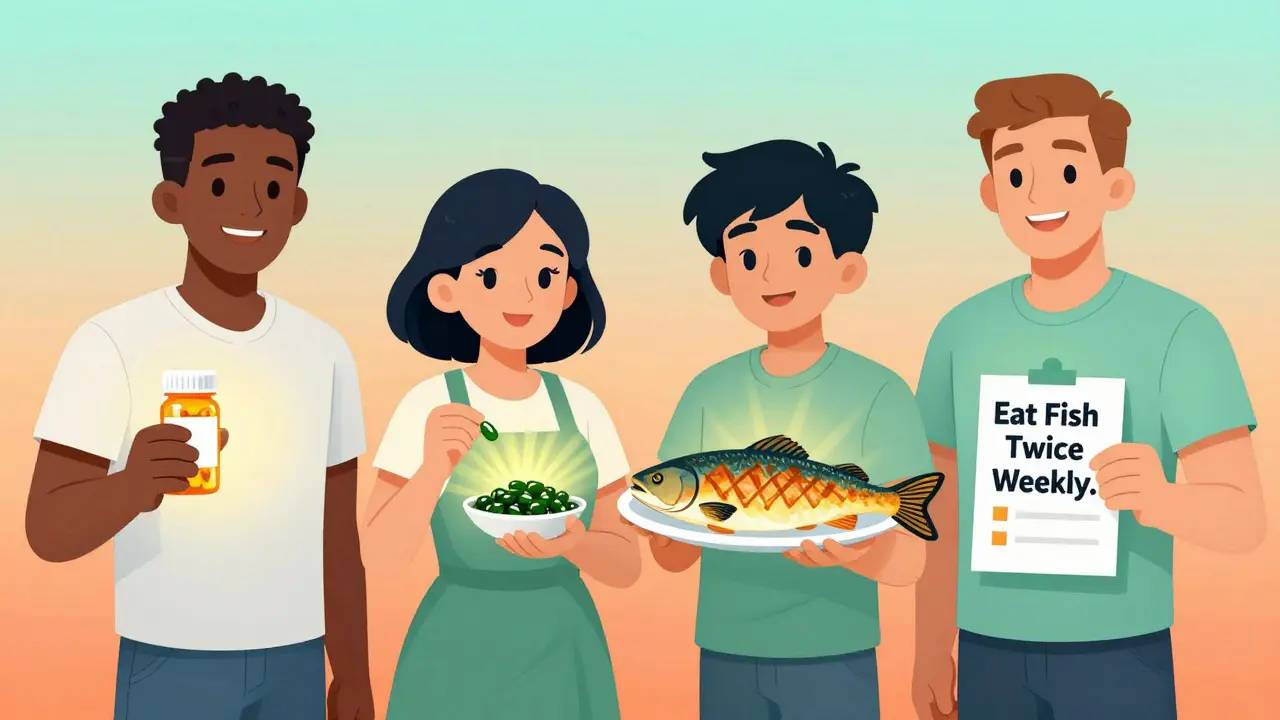 Four diverse people with different omega-3 sources: prescription, algae, fish, or nothing, highlighting who benefits from supplements.