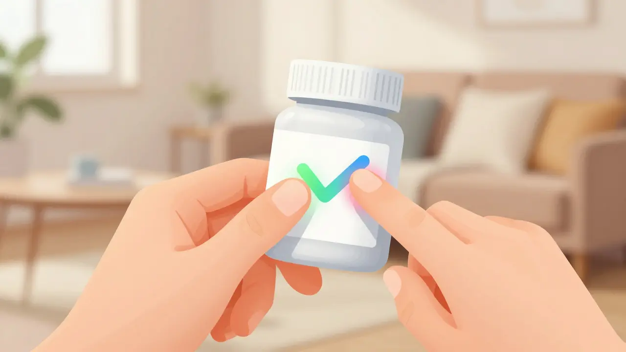 Hands touching three points on a pill bottle to verify.