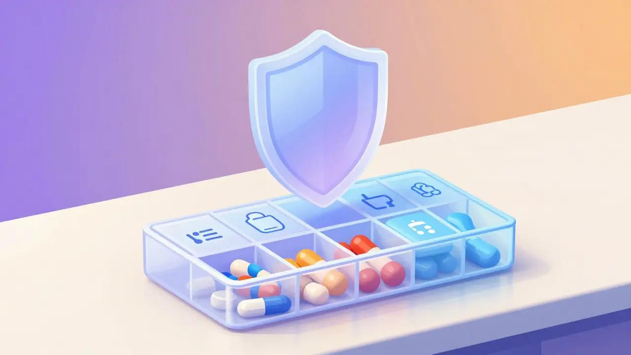 Organized medicine box with a safety shield symbol above.