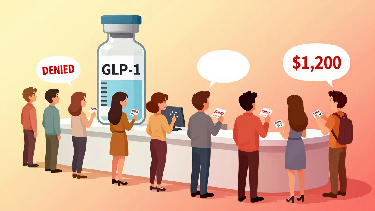 People at a pharmacy struggling with denied insurance for expensive GLP-1 drugs, while cheaper pills sit small in comparison.