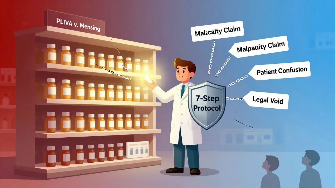 Pharmacist holding shield labeled '7-Step Protocol' protecting against legal risks, brand and generic drugs on shelf.