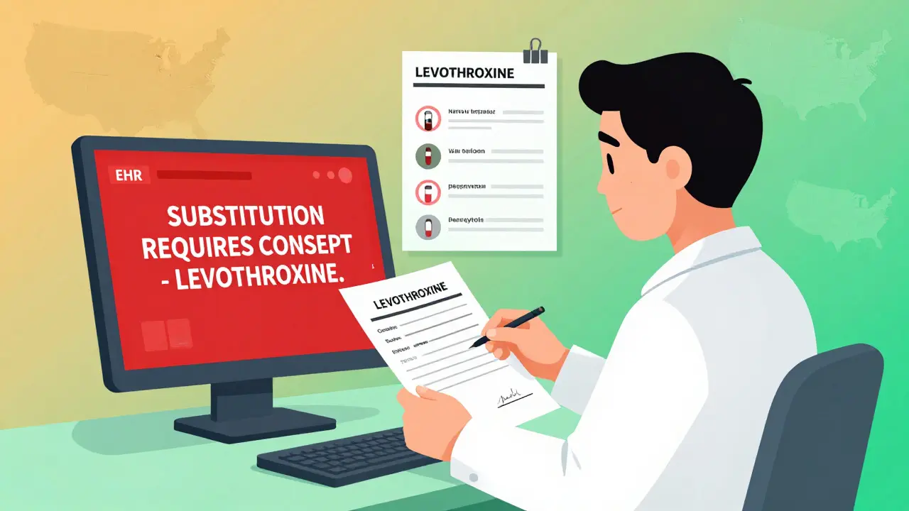 Pharmacist reviewing EHR alert for levothyroxine substitution, holding consent form, state maps visible.
