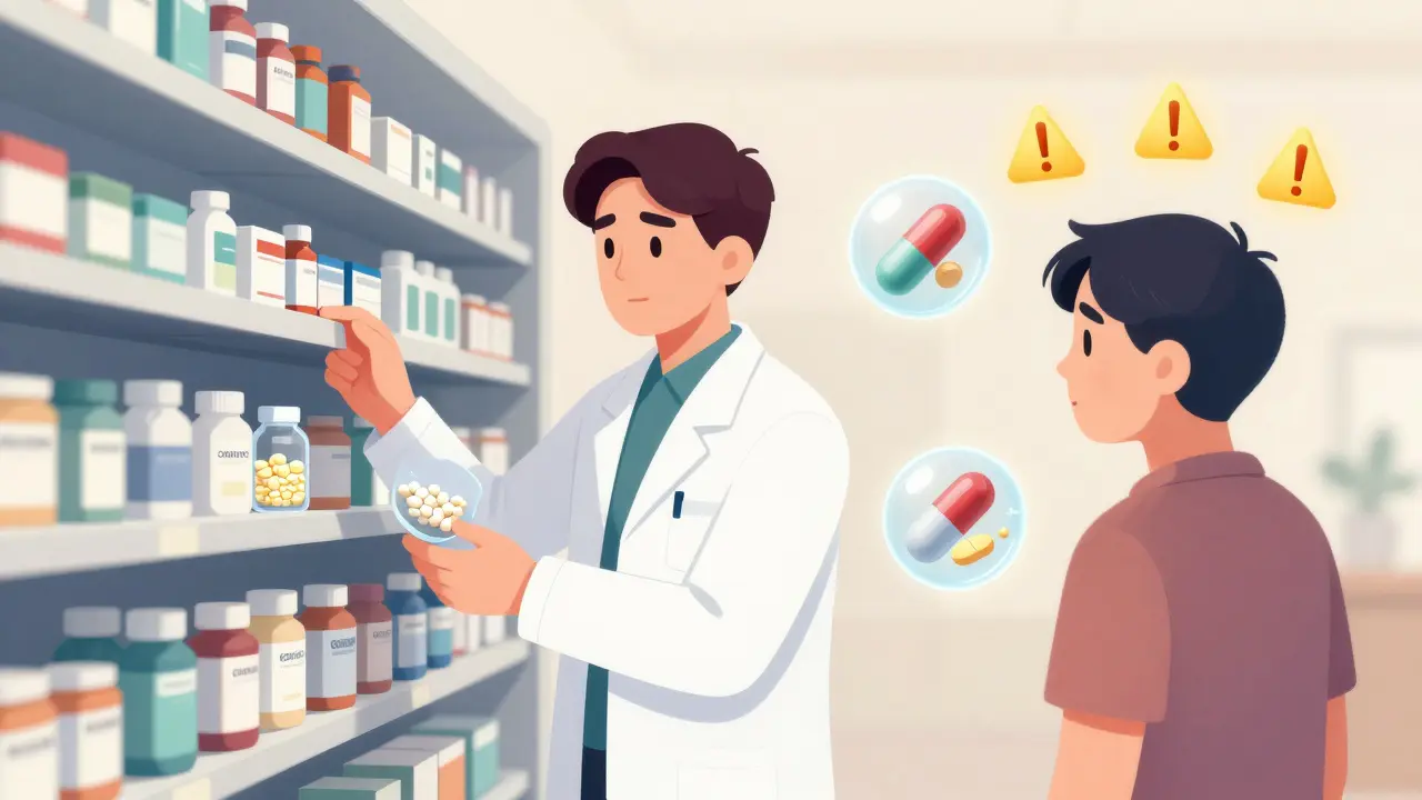 Pharmacist switching generic drug brands while floating capsules reveal hidden formulation differences affecting patient health.