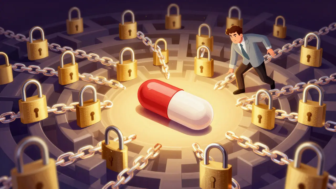 A drug pill surrounded by a complex web of golden locks symbolizing a patent thicket.