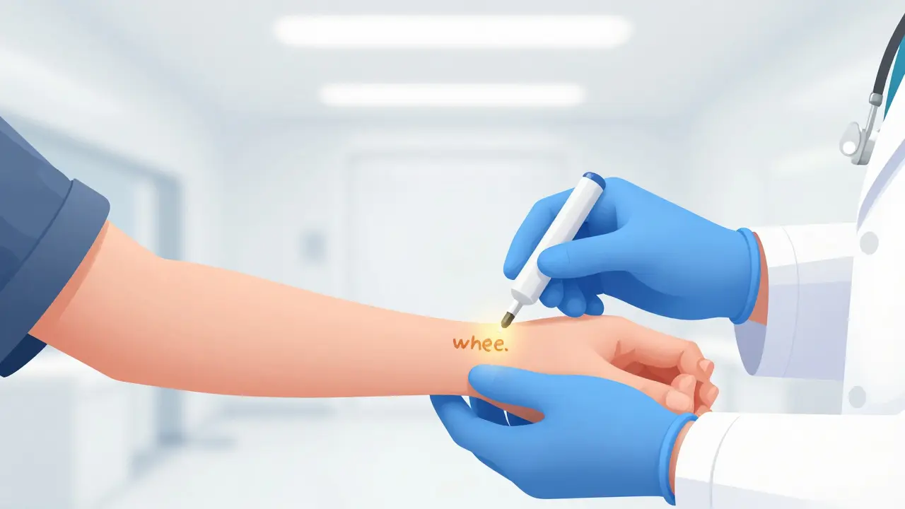An allergist performing a skin prick test on a patient's arm